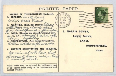 GB KEVIII Lancs Card THUNDERSTORM REPORT Warrington 1936 Huddersfield XE116 - Image 1 of 4