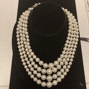 4 Strand Faux Pearl Necklace Rhinestones Japan - Picture 1 of 9