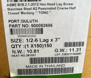 Box of 150 1/2"-6 Lag X 3" Hex Head Lag Screw Stainless Steel A2 - Picture 1 of 3