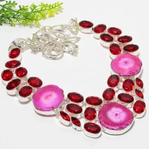 Pink Solar Quartz Druzy Garnet Silver Plated Gemstone Choker Necklace 18" - Picture 1 of 1