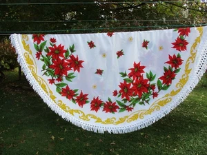 Vintage Mid Century Runde Weihnachten Tischdecke 60" mit Weihnachtsstern & Fransen - Bild 1 von 12