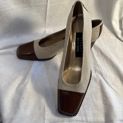 Zapatos de tacón de lino beige dorado STUART WEITZMAN 6 B punta cuadrada España NUEVO Foto 1 de 4