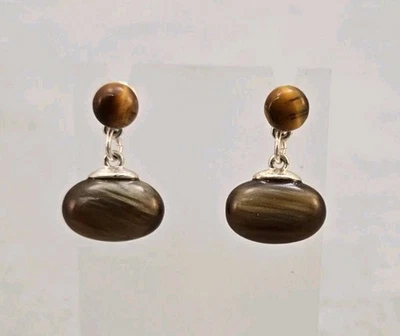 Mixed Multi Brown Tone Shell? Tigers Eye Stud Dangle Silver Tone Boho Earrings - Image 1 of 4