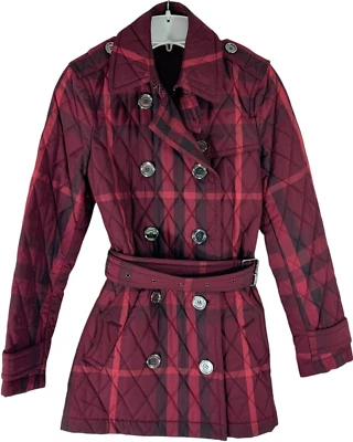 BURBERRY Red & Black Quilted Checkered Women's Trench Coat Marked at 4US - Image 1 of 4
