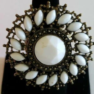 Bronze Beaded Elastic Band ~ White Gemstones Circular Ring ~ Size 8-10 ~ B20 - Picture 1 of 6