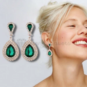 Women Ladies Luxury Green Cubic Zirconia Ear Stud Teardrop Crystal Drop Earrings - Picture 1 of 12