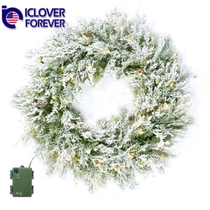 24โ Pre-lit Snow Flocked Christmas Wreath Artificial Cedar With 50 LED Lights - Picture 1 of 11