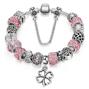 NUEVO Brazalete Dije Cuentas Rosa Murano Hojas de Trébol de la Vida Hojas de Trébol de Plata - Imagen 1 de 1