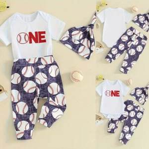 Newborn Baby Boy Summer Outfit Romper Baseball Print Tops Pants Hat 3Pcs Outfit - Picture 1 of 11