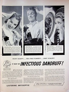 Anuncio impreso vintage de copos de cuero cabelludo caspa infecciosa cura antiséptica Listerine 1942 - Imagen 1 de 1
