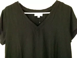 ¡NUEVO! Top de tela y piedra de diseñador suave tejido ventoso negro manga corta cuello en V pequeño - Imagen 1 de 5