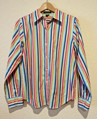 Camisa Lauren Ralph Lauren Arco Iris Rayas Abotonada Talla M Preppy Carrera Académica Foto 1 de 4