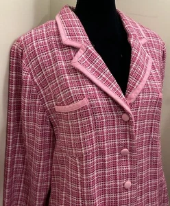 Denim & Co Women's Pink Plaid Woven Long Sleeve Blazer Size XL - Picture 1 of 14