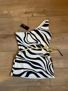 Jane Norman zebra one shoulder top M y2k vintage clubwear party 00s belt - Picture 1 of 5