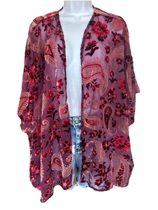 Umgee Velvet Sheer Floral Kimono Size M/L Feminine Festive Boho Open Cardigan - Picture 1 of 10