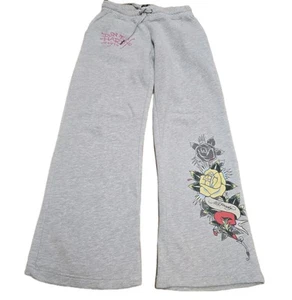 Ed Hardy Jogginghose weites Bein Damen Small Rose Herz grau Blumen Kordelzug Y2K - Bild 1 von 8