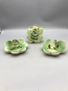 Set of 3 Vintage Elf Pixie Leprechaun On Four Leaf Clover Trinket Dishes - Picture 1 of 13