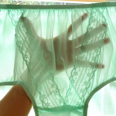 复古透明尼龙内裤绿色 Sissy V 蕾丝奶奶内裤 8/XL Hip 40-44 码 — 第 1/4 张图片