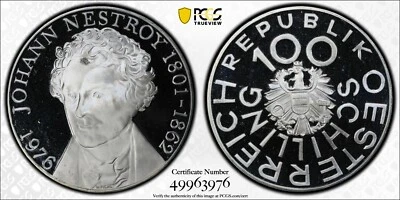 1976 Austria Silver Proof 100 Schilling Nestroy - PCGS PR Genuine - Image 1 of 3