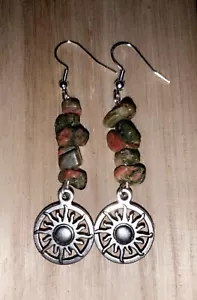 Unakite Jasper Tribal Sun Earrings, Long Drop Dangle Earrings, Artisan Handmade - Picture 1 of 1