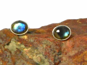 Fiery Oval LABRADORITE Sterling Silver 925 Gemstone Stud Earrings - 8 x 10 mm - Picture 1 of 5