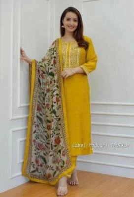 Embroidery Work Kurti Pant Dupatta Set Women Salwar Kameez Suit Kurta Palazzo - Image 1 of 4