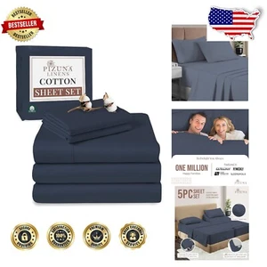100% Long Staple Cotton Sateen Sheets Split King - Elegant Dark Blue Elegance - Picture 1 of 9