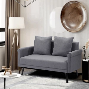 Modern 2 Seater Grey Linen Fabric Sofa Couch Settee w/2 Free Pillows Living Room - Picture 1 of 12