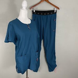 Koi Lite Scrub SET Caribbean Blue Size M Top and Size S Pants Slim Fit Stretch