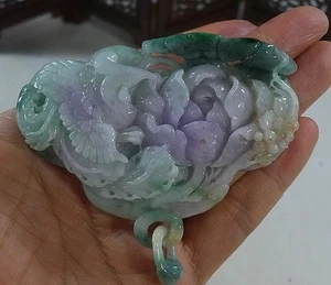 Cert'd Fine Natural A Lavender Green Jadeite Jade Bird Flower Big Pendant 8217 - Picture 1 of 8