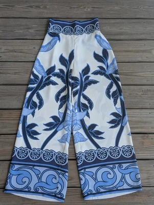 Pantalones Rachel Zoe Pierna Ancha Estampado Palma Azul Blanco Cintura Elástica Talla XS Foto 1 de 4