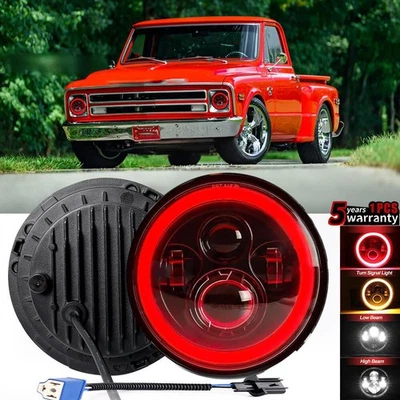 7 Inch Round LED Headlight Red Halo DRL Hi/Lo Fit Chevy C10 Camaro Pickup Truck - Image 1 of 4