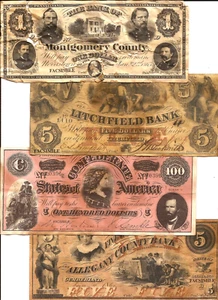 Lot of 4 REPRODUCTION antiqued U.S. Civil War era Note paper money bills  lot L1 - Picture 1 of 2