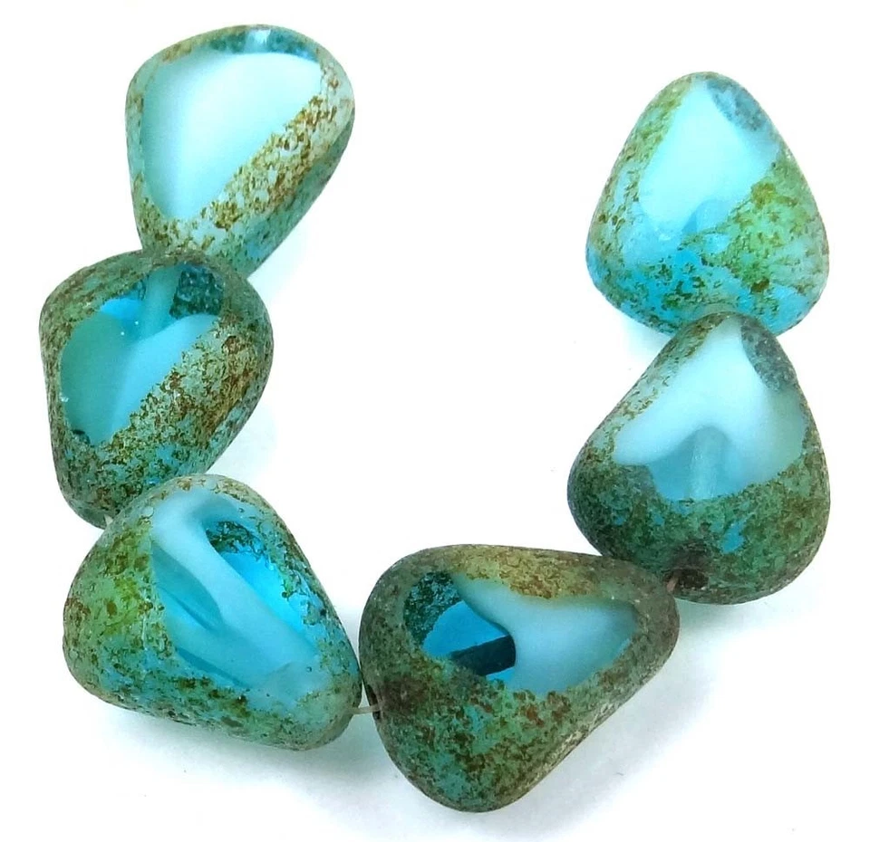  Czech Glass Chunky Table Cut Nugget Capri Blue / White - Stone Picasso - Image 1 of 3