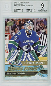 2016-17 UD UPPER DECK Thatcher Demko EXCLUSIVES YOUNG GUNS RC ROOKIE /100 BGS 9