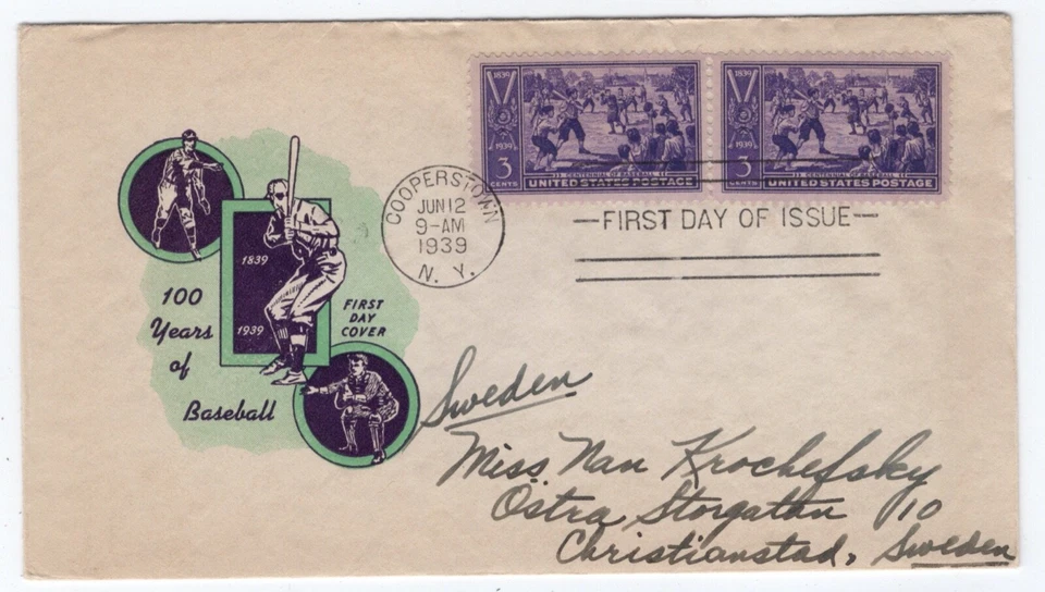 Baseball #855 First Day Cover 1939 Pl#50C.1 To Sweden - Image 1 of 1