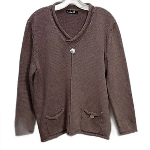 Lulu-B Taupe Cotton Boxy Sweater SZ M brown w pearl buttons patch pockets summer - Picture 1 of 7
