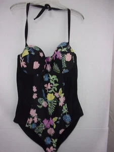 NWT Resort By River Island Black Floral 1-Pc Halter Swimsuit UK Sz 22 Eur 48 - Picture 1 of 3