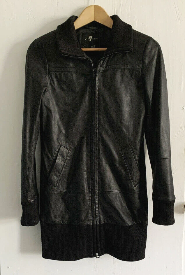 7 For All Mankind - Chaqueta larga de cuero genuino negro para mujer - Talla M N9041-7211 Foto 1 de 4