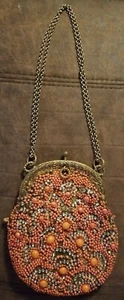 Antique Orange Coral Color Beaded Purse Oval Shape Frame Push Pin Chain Handle  - Picture 1 of 12
