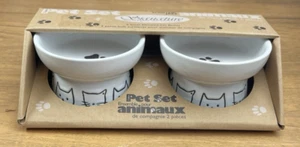 Katze Haustier Schale niedliche Kätzchen Keramik erhöht weiß Futter Wasser Schüssel Set 4,25" NEU - Bild 1 von 6