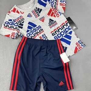 Adidas 2 Piece Short Set Boys 5 Grey Blue Red T-shirt Sports Summer Kids - Picture 1 of 10