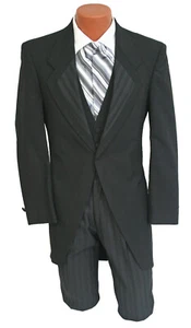 Men's Black Morning Coat Cutaway with Striped Pants High Quality Wool 41L 35W - Picture 1 of 4