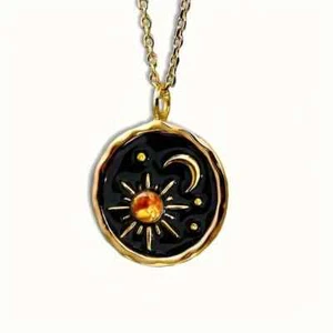 Damen Vintage goldene Sonne Mond Muster runde Anhänger Halskette Boho Party Geschenk Neu - Bild 1 von 4