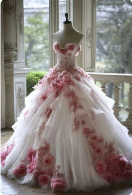 Square floral wedding dress; sweetheart ball gown; pleated printed bridal gown. - Image 1 of 4