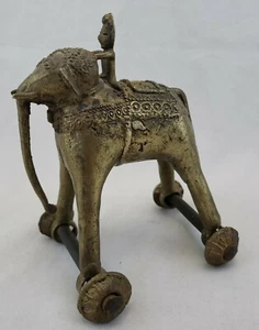 Antique Indian Brass Bronze Devotional Shrine Temple Pull Toy Elephant Wheels 7" - Picture 1 of 8