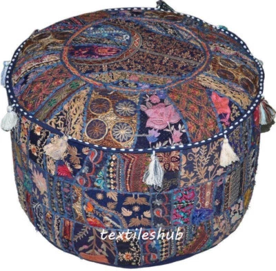Indian Vintage Handmade Patchwork Round Pouf Cover Home Decorative Blue Color - Image 1 of 2