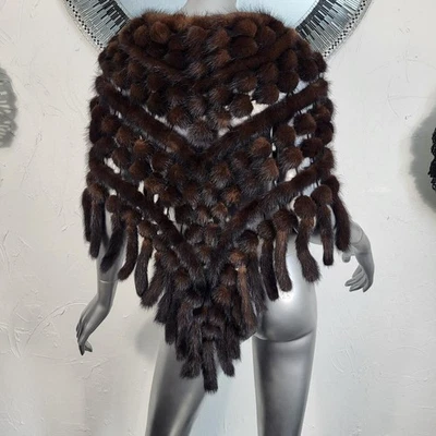 NUEVO CON ETIQUETAS~$424~MARRÓN RANCHO GENUINO PIEL VISÓN REAL COLAS ESTOLA CAPA ABRIGO CHAL ABRIGO Foto 1 de 4