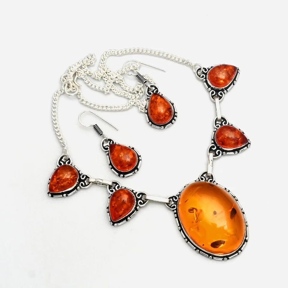 Collar + pendiente hecho a mano étnico de piedras preciosas ámbar 30 Gms AN 14988 Foto 1 de 1