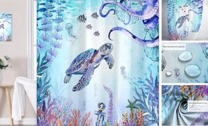 Sea Turtle Octopus Shower Curtain Blue Teal Ocean Bath Curtain Underwater - Picture 1 of 8